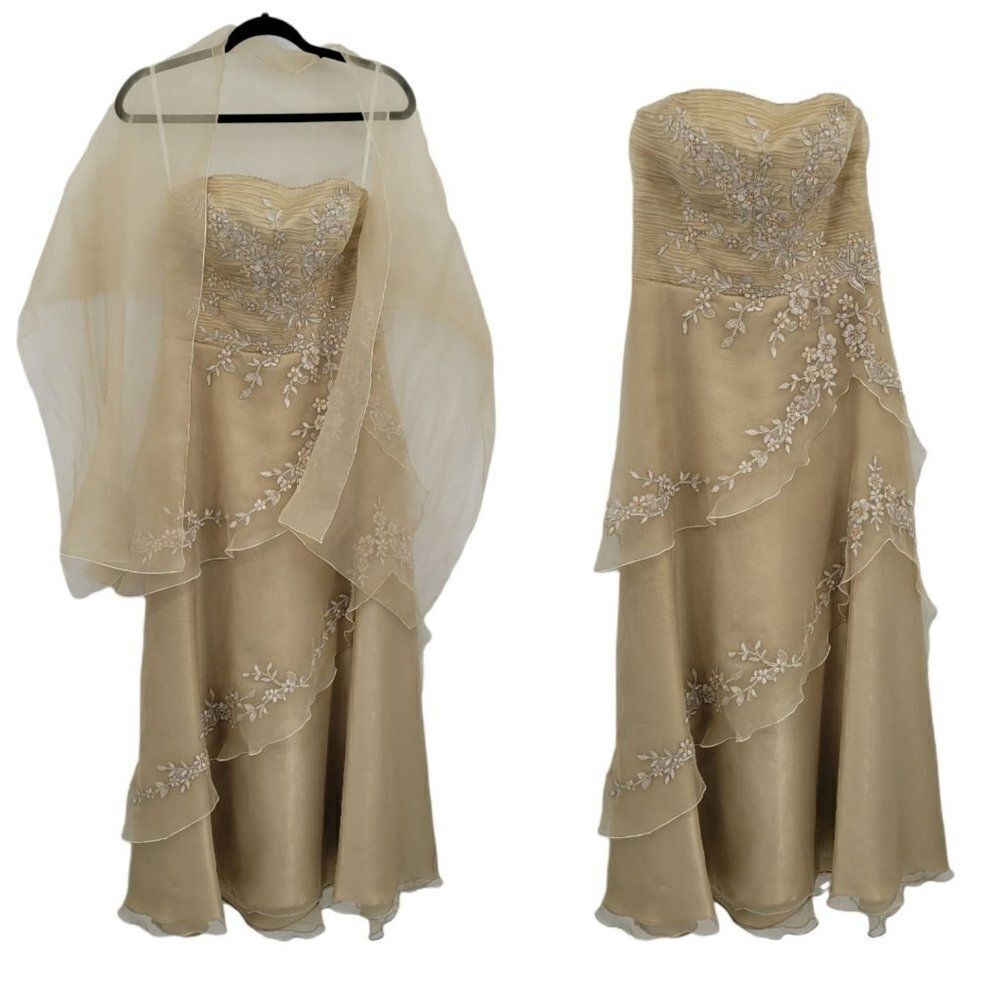 Vintage Jovani Gown Formal Champagne Strapless Tiered Floral Embroidered Shawl S